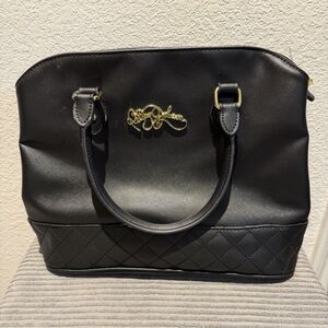 BETSEY JOHNSON Women's Black Faux Leather Satchel Top Handle Bag 14x9x6